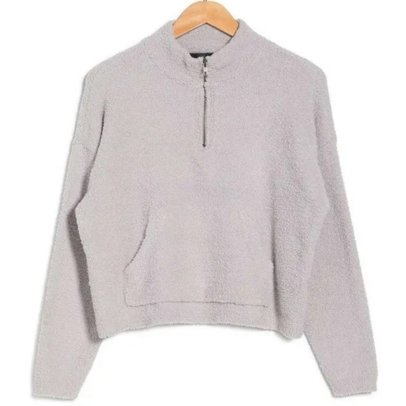 Nordstrom RDI Cozy Fuzzy Mock Neck Zip Pullover Sweatshirt Sweater Grey Medium - Picture 1 of 9